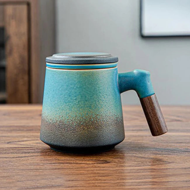 Weland 400ml Ceramic Tea Cup with Strainer and Lid Tea Mugs Wooden Handle