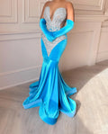 Ocstrade Vestidos Banquet Beaded Silver Rhinestone Birthday Dress  Long Gloves Lake Blue Chic Maxi Evening Gown Dress Elegant