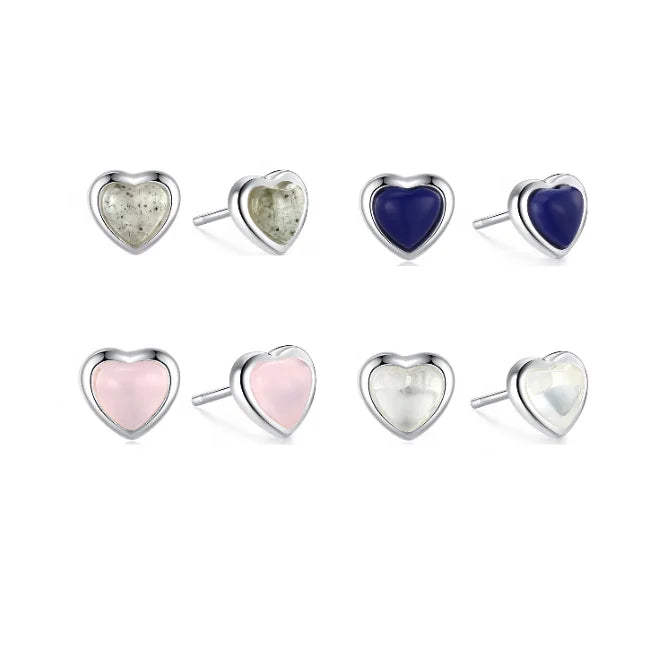 Korean Earrings Rose Clear Quartz Labradorite Lapis Lazuli Natural Stone S925 Sterling Silver Love Heart Shaped Studs Earrings