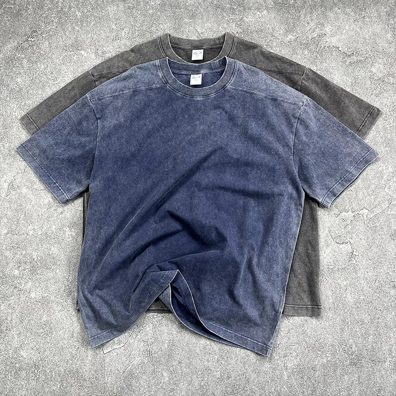 Custom Men's American Retro Fashion Brand T-shirt 100% Cotton Knitted Silk Screen Printing Distressed Washed T-Shirts