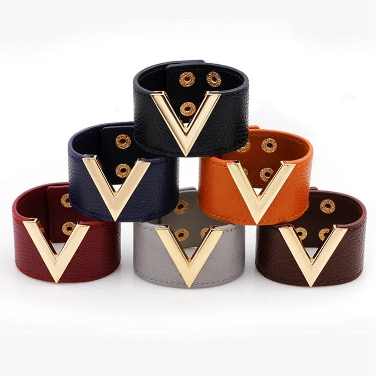 Luxury Charm Letter V Minimalist Wide Wrap Leather Bracelet Jewelry for Women
