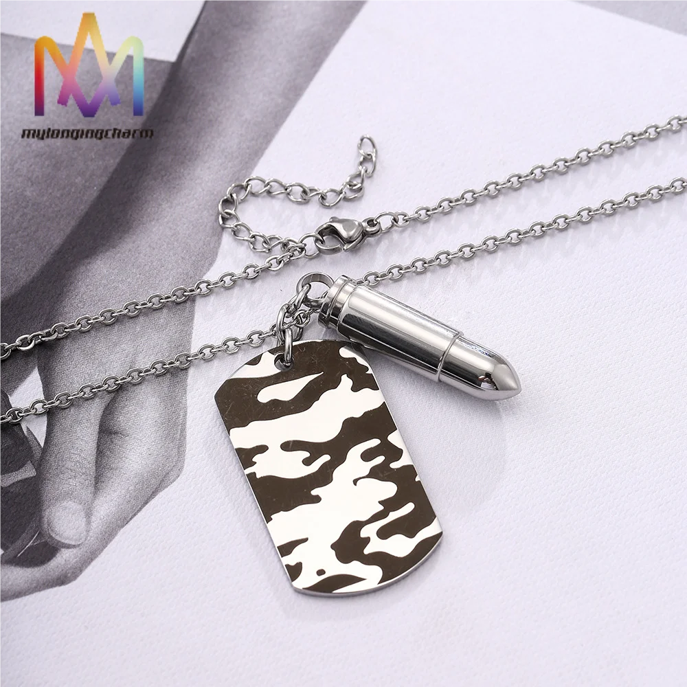 Hip Hop Style Engraved Stainless Steel Dog Tag Pendant Necklace Link Chain Ins Personality Bullet Accessories Geometric Shape