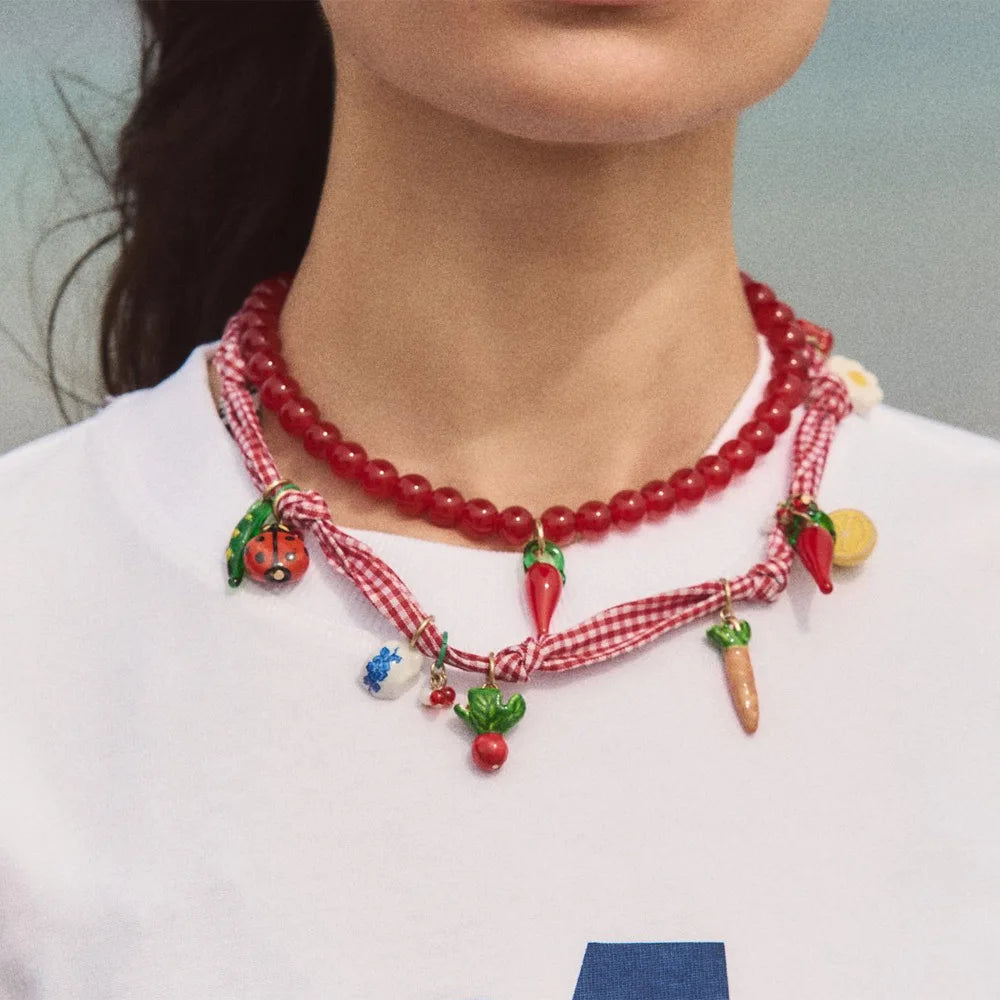 2025 New Arrival Fashion Jewelry Strawberry Chili Multi Layer Bead Stacked Necklace Multi Handmade Fruit Insect Necklaces