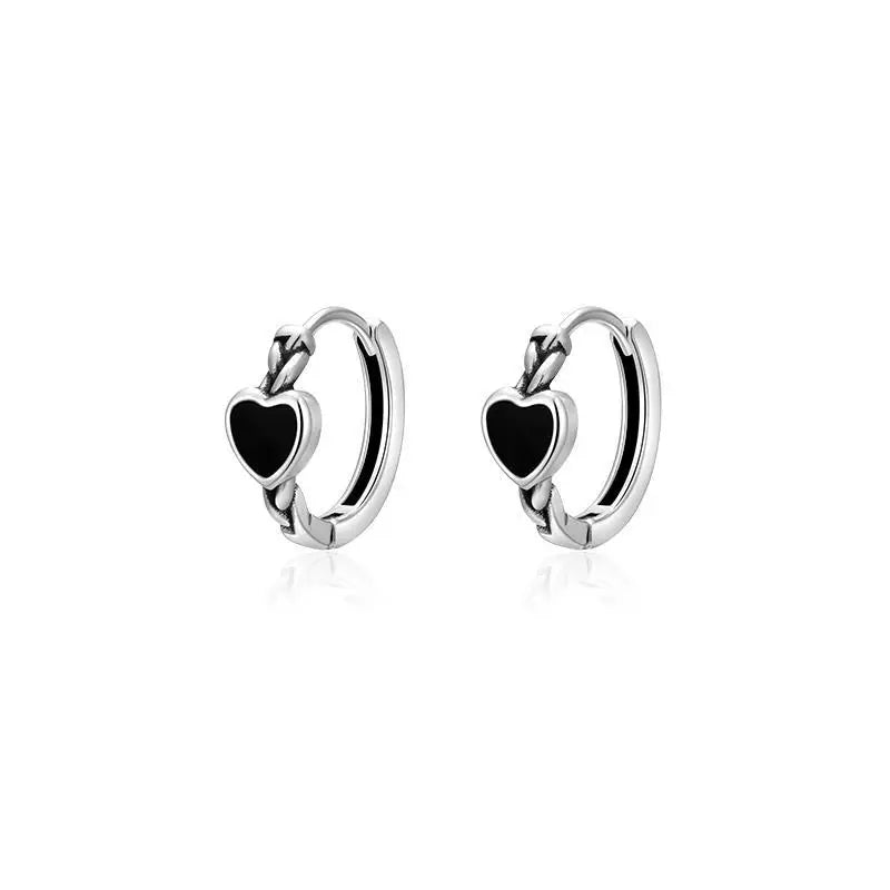 925 Sterling Silver Heart Shaped Black Earrings Hoops Personalized Minimalist Style for Women