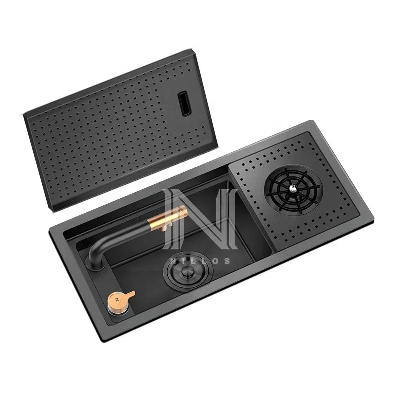 ND5826 Nano Black Handmade Single Bowl Hidden Sink 58x26cm-304 Stainless Steel Two Holes Faucet Compact for RV/Bar/Coffee Corner