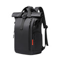 Large Black Designer Waterproof Leather Roll Top Travel Rucksack Backpack with Laptop Compartment for Hiking Work