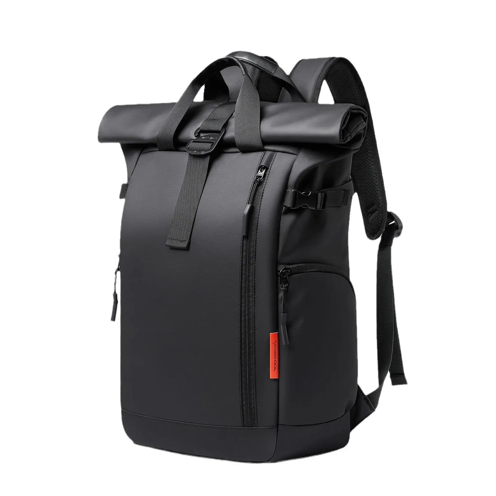 Large Black Designer Waterproof Leather Roll Top Travel Rucksack Backpack with Laptop Compartment for Hiking Work