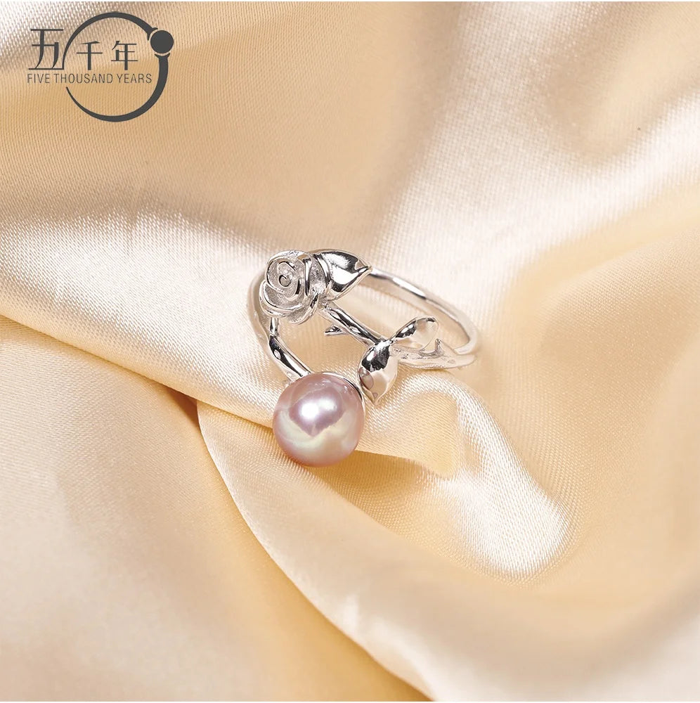R255  DIY 7-8mm Natural Freshwater Pearl Ring Accessory 925 Sterling Silver Adjustable Size Engagement Jewelry Ring for Women
