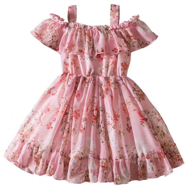 2025 Summer New Girls' Dress Korean Style Off-shoulder Spaghetti Straps Princess Dress Girls' Birthday Printed Dress