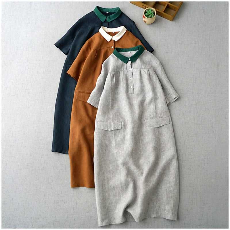 Boutique Wholesale 2026 Summer New Style Temperament Colored Collar Linen Short Sleeve Art Versatile Women's Dress