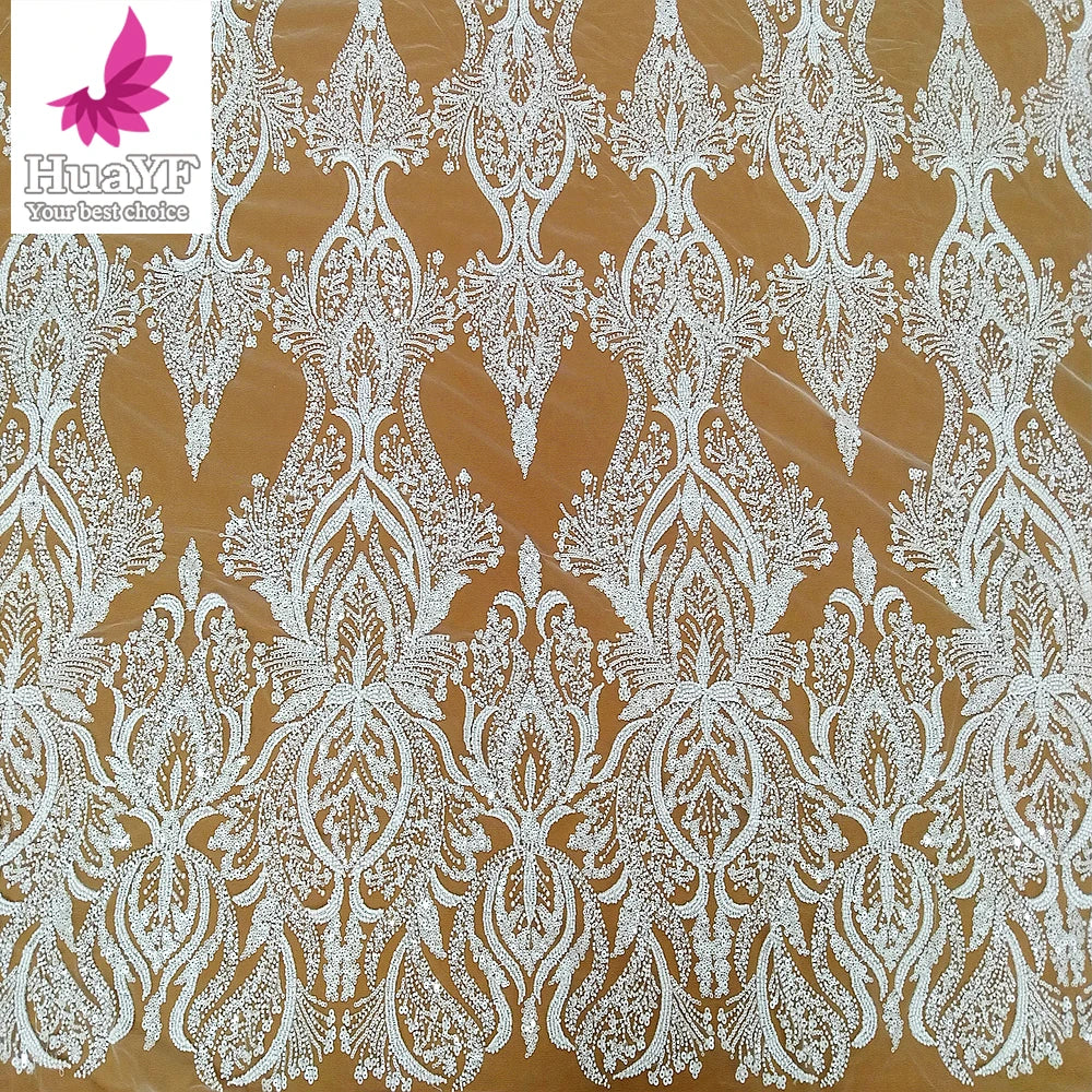 HY2615 High Quality Nigerian White Bridal Pearl Lace New Style 3D Beads Tulle Women Dress Material