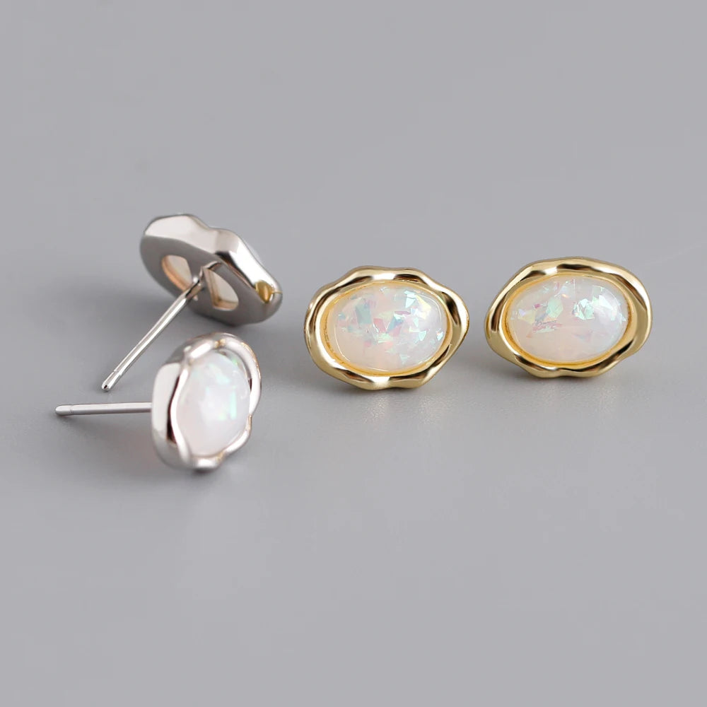 Fashion 925 Sterling Silver Synthetic White Opal Gold Plated Stud Earring Jewelry for Women