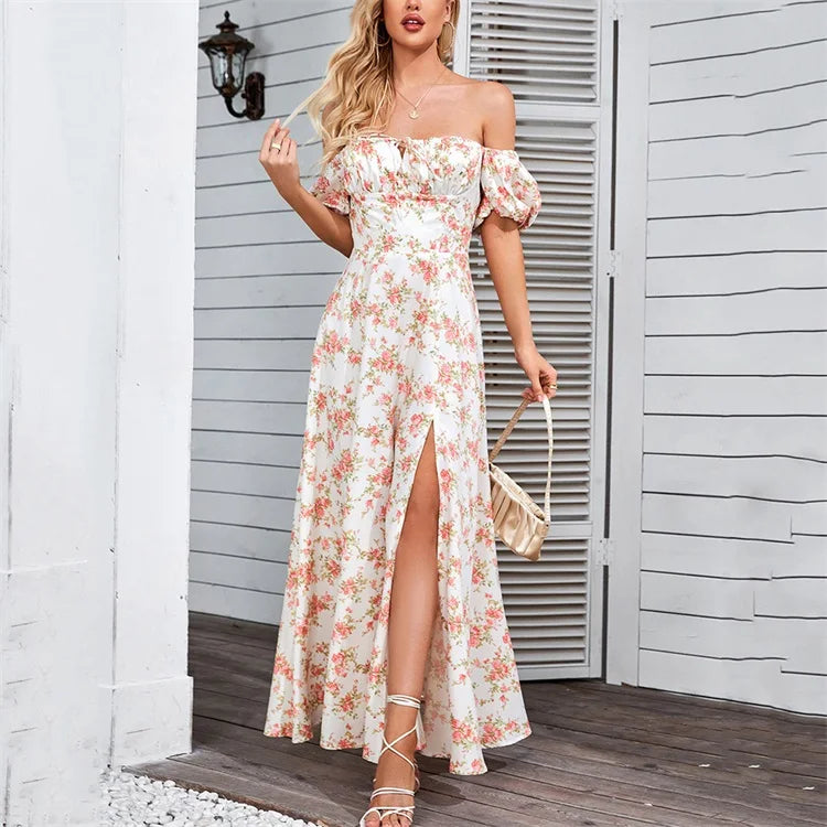 Multiple Colors Lace-Up Off Shoulder Puff Short Sleeve Women's Casual Elegant Dresses Long Floral Summer Ladies Dress With Slit
