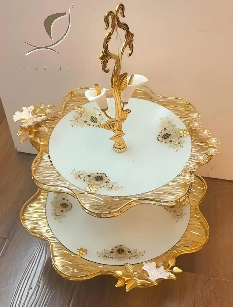 2026 New Arrived QIAN HU Home Decorative 2 Tiers Metal Iron Glass Serving Candy Dry Fruit Deco Cake Stand Storage Trays