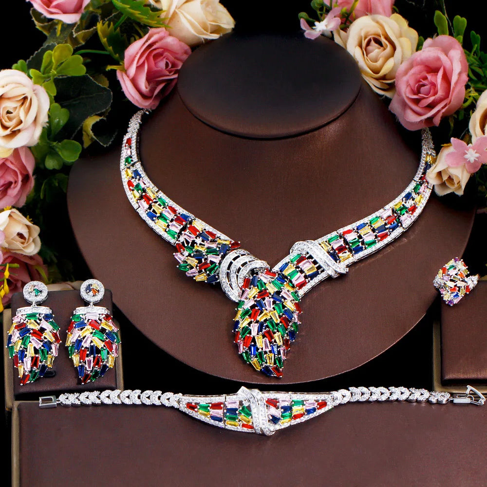 4pcs Pakistani Nigerian Multicolor CZ Luxury Statement Big Chunky Bridal Necklace Jewelry Set Wedding Costume Indian Jewelry