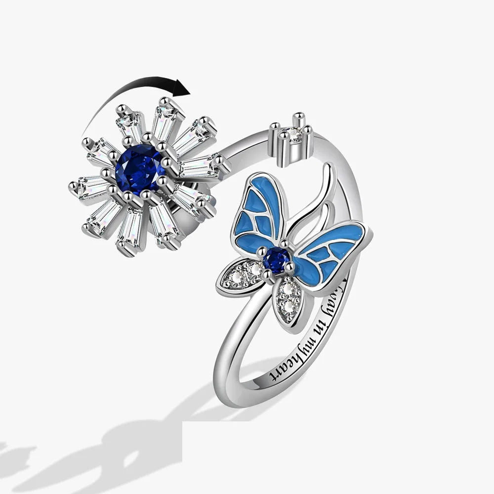 Ins Rotatable Big Blue Cubic Zirconia Butterfly Open Ring Female Simple Adjustable Rotating Relieving Anxiety Stress Rings