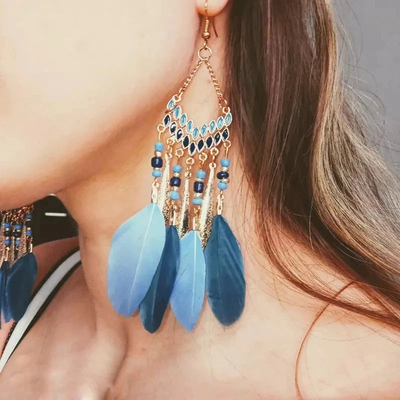 Bohemian Vintage Long Feather Resin Beaded Dangling Earrings Handmade Tassel Earrings Party Jewelry Gift