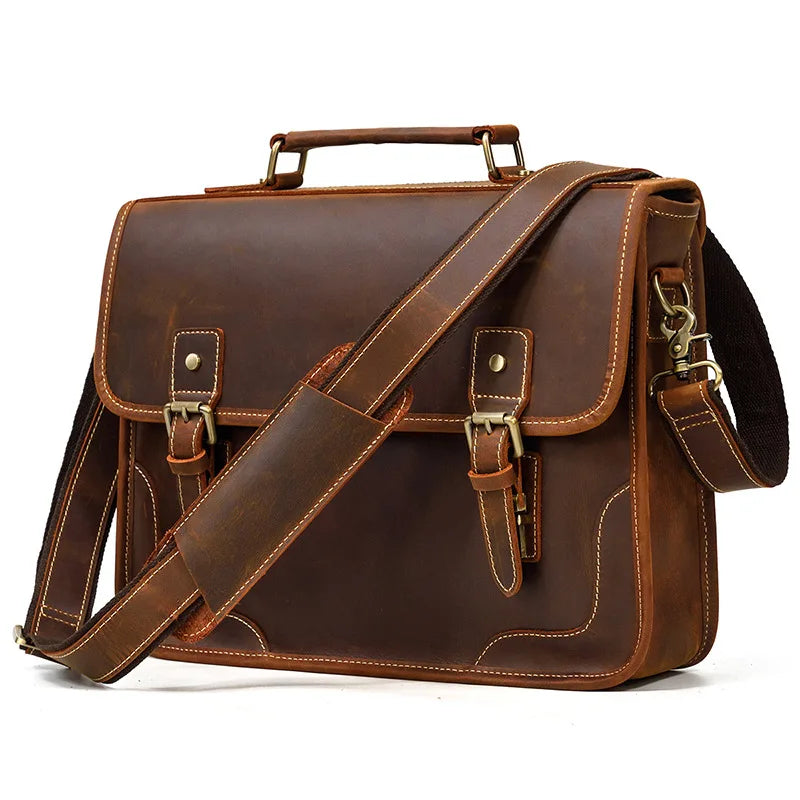 Vintage Crazy Horse Cowhide Leather Handbag for Men Fashionable Business Briefcase Shoulder Messenger Bag Laptop Compartment