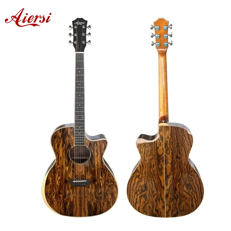 Aiersi Brand Colour Pearl Inlaid Glossy Armrest Exotic Bocote Wood Acoustic Guitar High Grade Handmade Folk Musical Instrument
