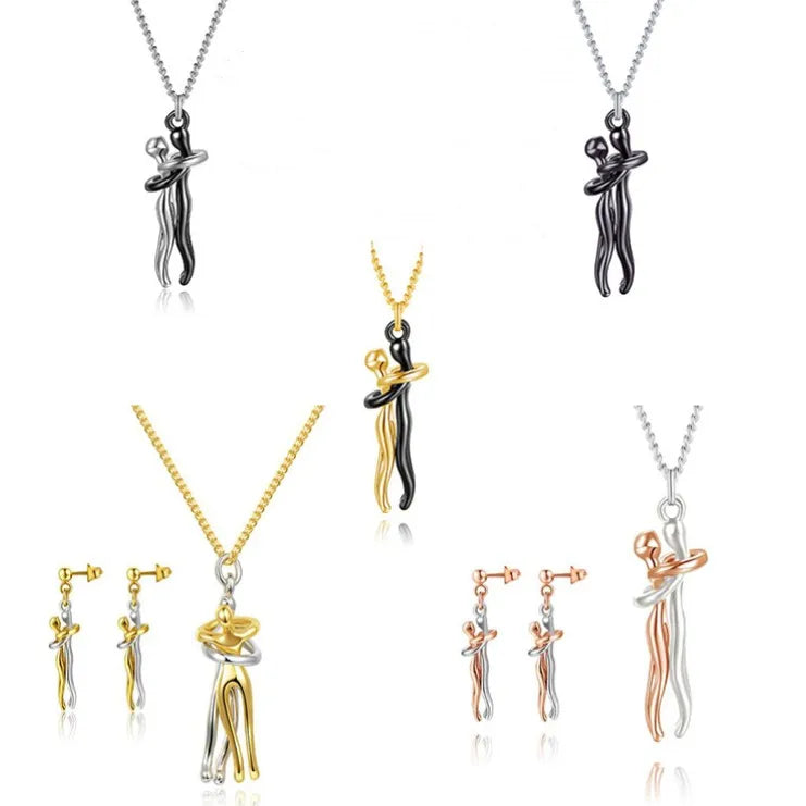 Romantic Human Pendant Choker Necklaces PVD 18K Gold Plated Stainless Steel Chain Cuddle Couple Pendant Necklaces
