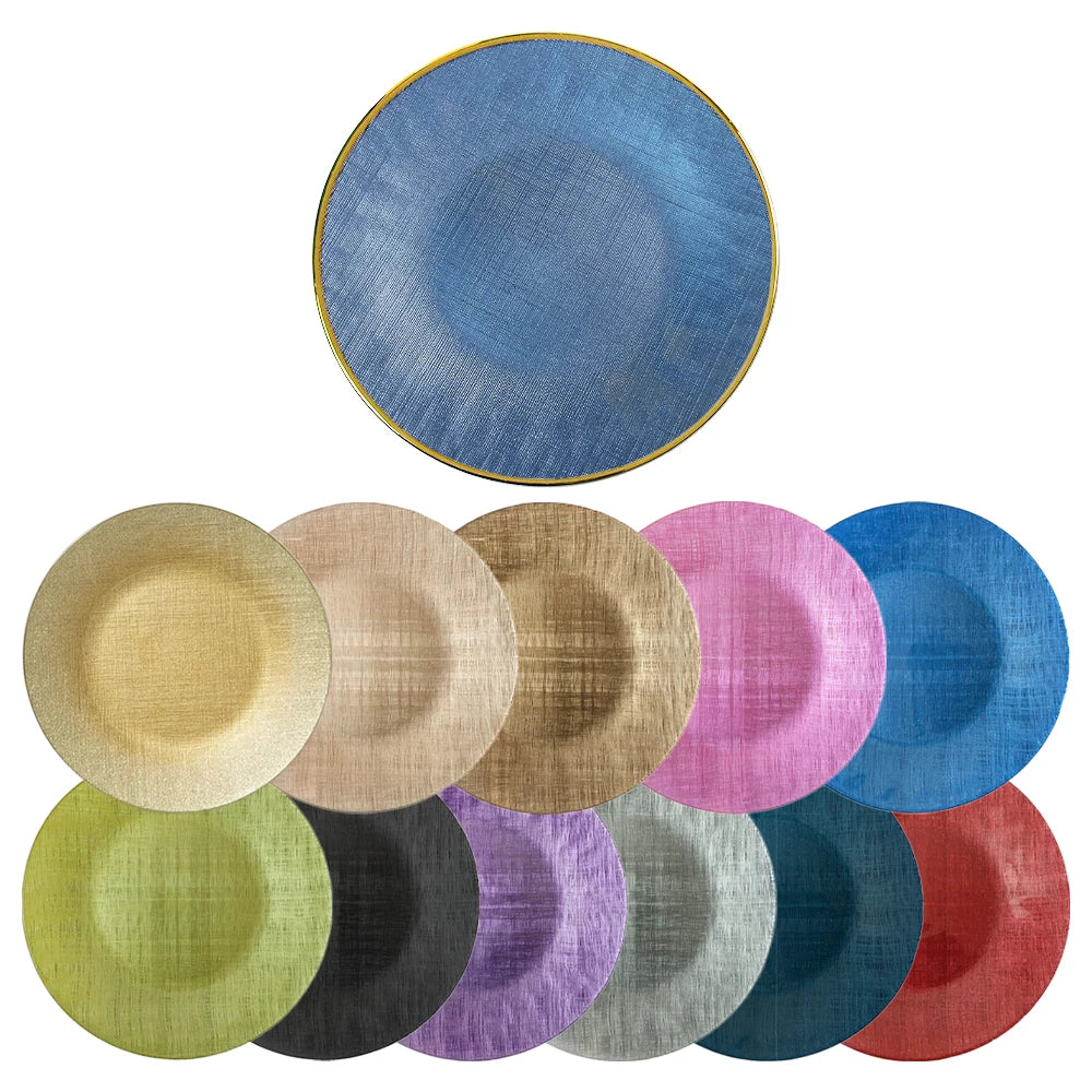 Wholesale Fancy Tableware Round Matte Gold Rim Red Blue Black Gold SIlver Glass Charger Plates for Outdoor Wedding Events Decor