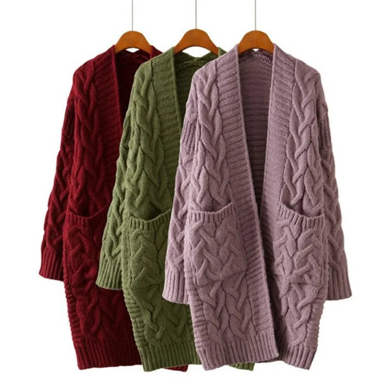 Autumn and Winter New Loose and Simple V-neck Knitted Twist All-match Fashion Cardigan Mid-length Sweater One Size Pocket Jacket