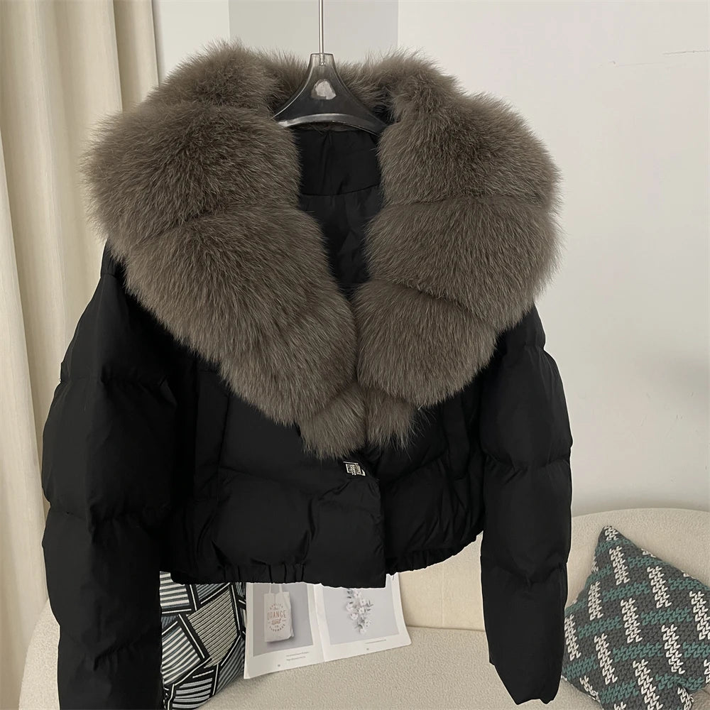 OFTBUY 2025 Winter Big Natural Fox Fur Fluffy Puffer Coat Women Warm 90% White Duck Feather Down Short Jacket Waterproof Parka