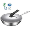 30/32cm Nonstick Single Layer Stainless Steel Honeycomb Wok Pan with Glass Lid 1.3mm Thick 3-5L Capacity Induction Gas Safe