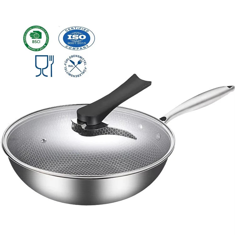 30/32cm Nonstick Single Layer Stainless Steel Honeycomb Wok Pan with Glass Lid 1.3mm Thick 3-5L Capacity Induction Gas Safe