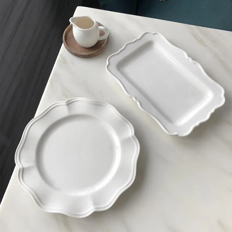Solhui Ceramic White Embossed Dinnerware Sets Western Porcelain Dinner Plates