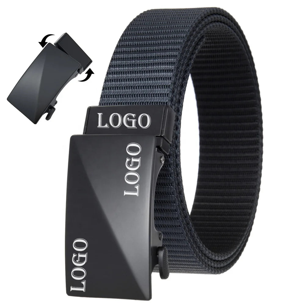 Custom LOGO Casual Fabric Zinc Alloy Buckle Woven Webbing Mens Adjustable Reversible Automatic Buckle Nylon Belts