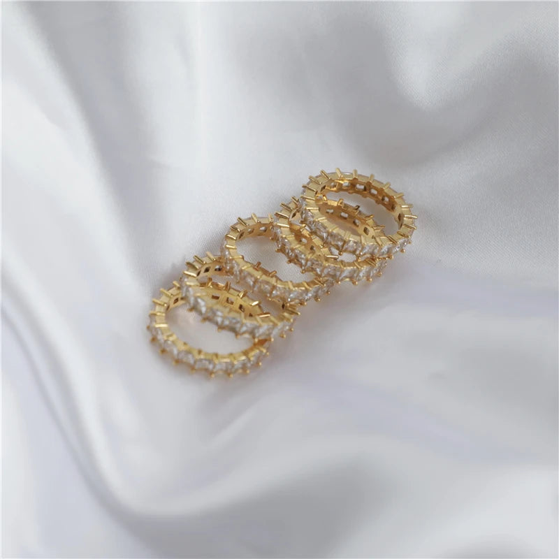 Waterproof  Luxury Crystal Pave Stainless Steel Sparkling Square Diamond  Rings for Women Statement Rings