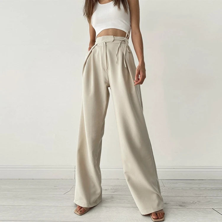 Enyami Wholesale Work Leisure Casual Solid High Waisted Lace up Drawstring Long Loose Women Wide Leg Pants