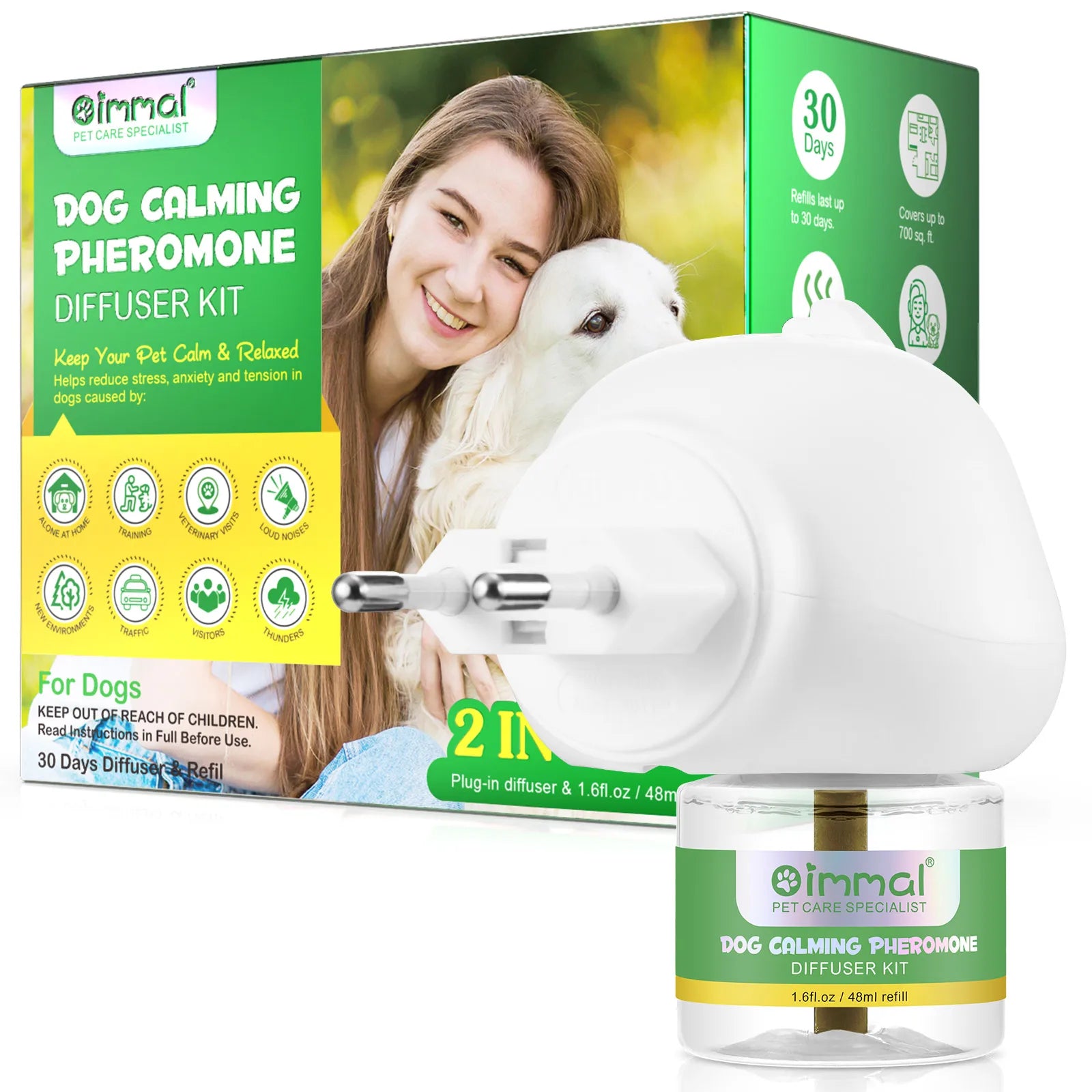 Oimmal EU Plug 30 Days Supply Portable Dog Calming Pheromone Diffuser Kit for Anti Anxiety Relaxation Support