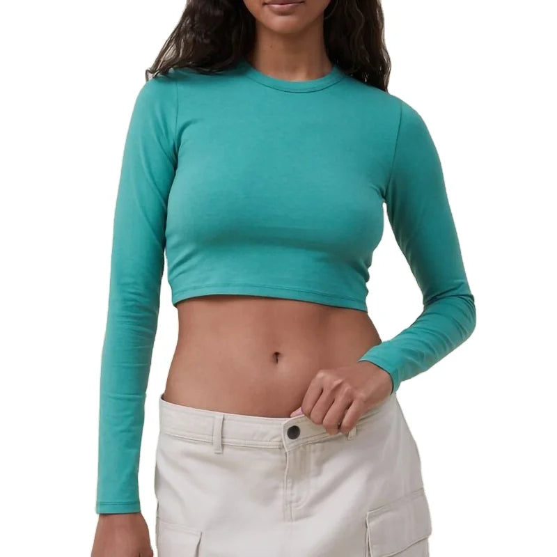 Custom Logo Casual Breathable Eco-Friendly Terry Fabric Long Sleeve Crew Neck T-Shirt for Women