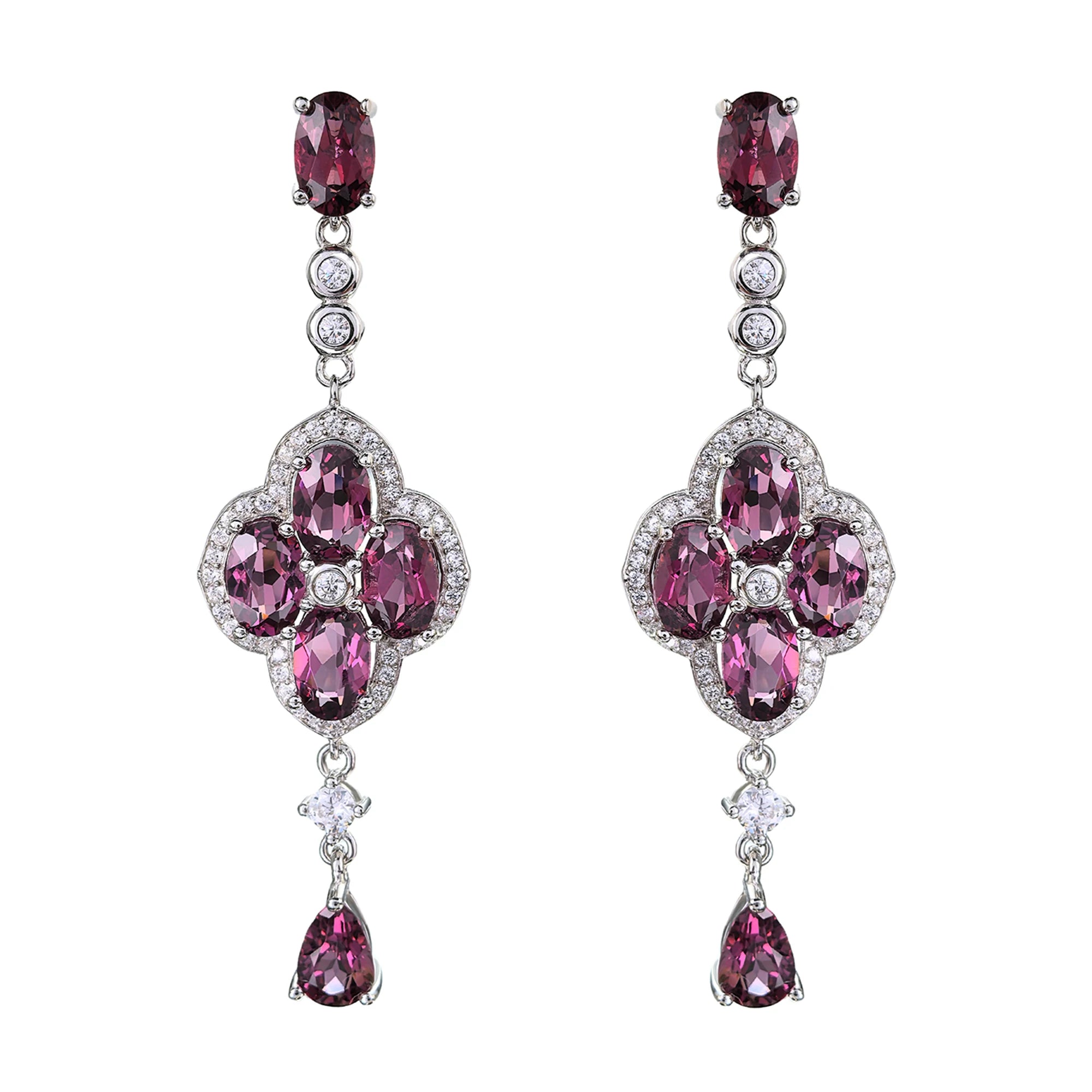 Graceful Rhodium Plated 925 Silver Jewelry Natural Pyrope Four  Leaf Clover Drop Earrings for Women Birthday Gift