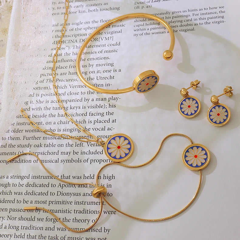 Retro 18K Gold Daisy Pendant Necklace Stainless Steel INS Dainty Rings Jewelry Sets Valentine's Day Gifts