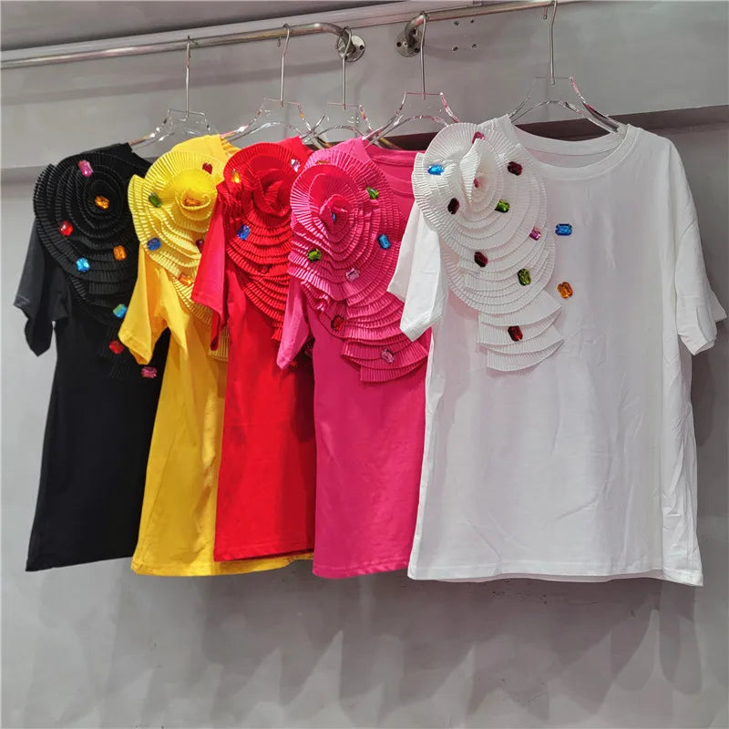 Boutique Wholesale 2025 Summer New Fashionable Round Neck Short Sleeved Versatile Pleated Loose Women's T-shirt