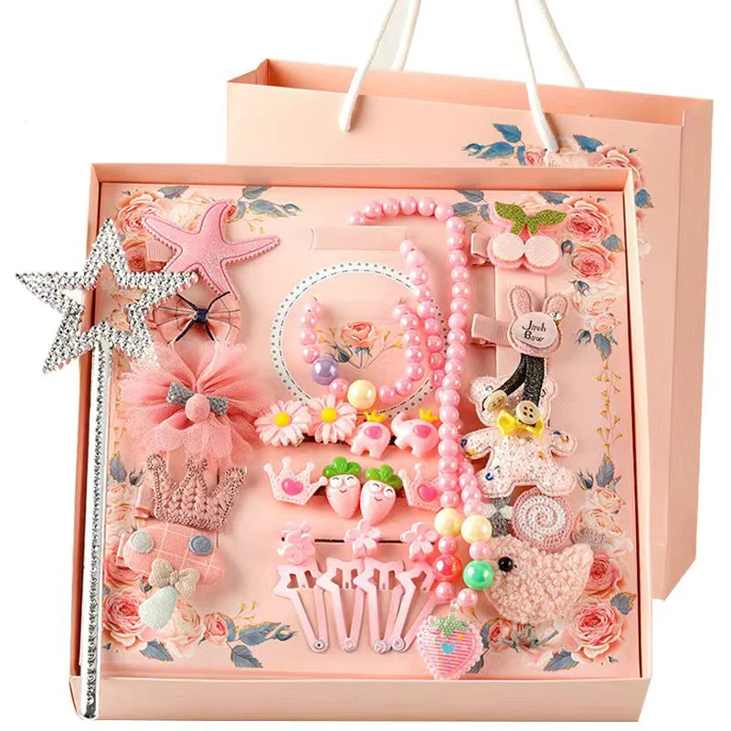 28-Piece Sweet Christmas Children's Jewelry Hair Accessory Gift Set for Girls' Birthday Packaged Plastic Gift Box Resin Fabric
