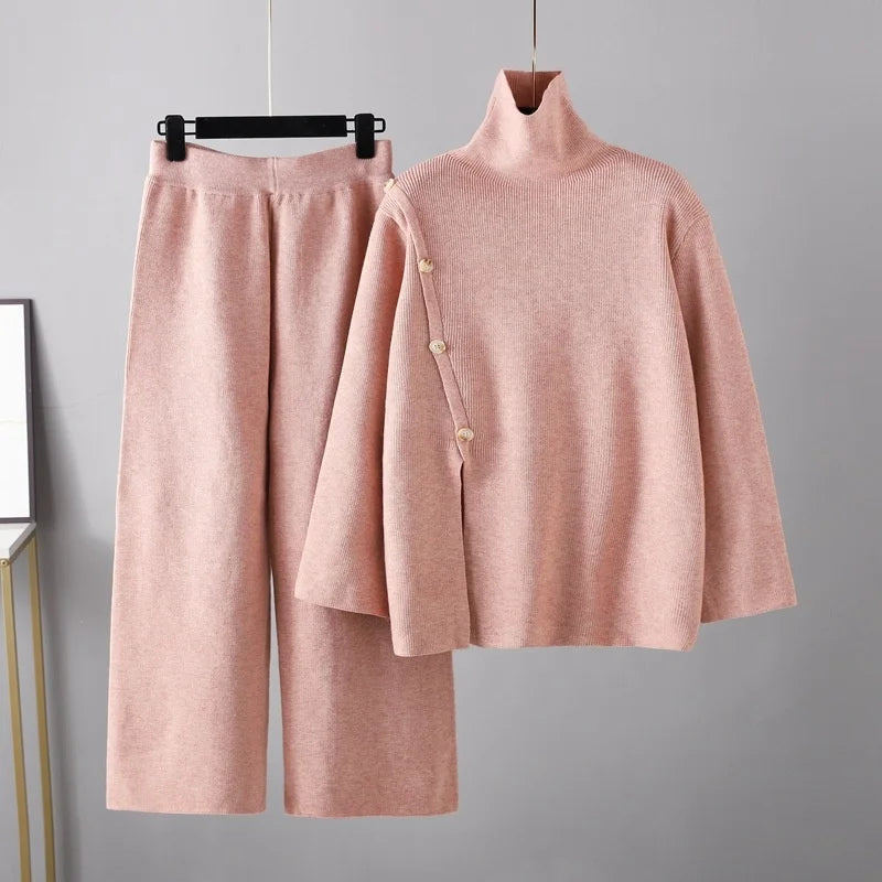 Wholesale Custom Vintage Casual Knitted Sweater Set Turtleneck Pullover Pant with Side Slit Button Nylon Polyester for Autumn