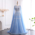 Arabic Blue Luxury Dubai Evening Dress With Cape Sleeves Brown Pink Plus Size Women Wedding Formal Party Gowns LSZ001