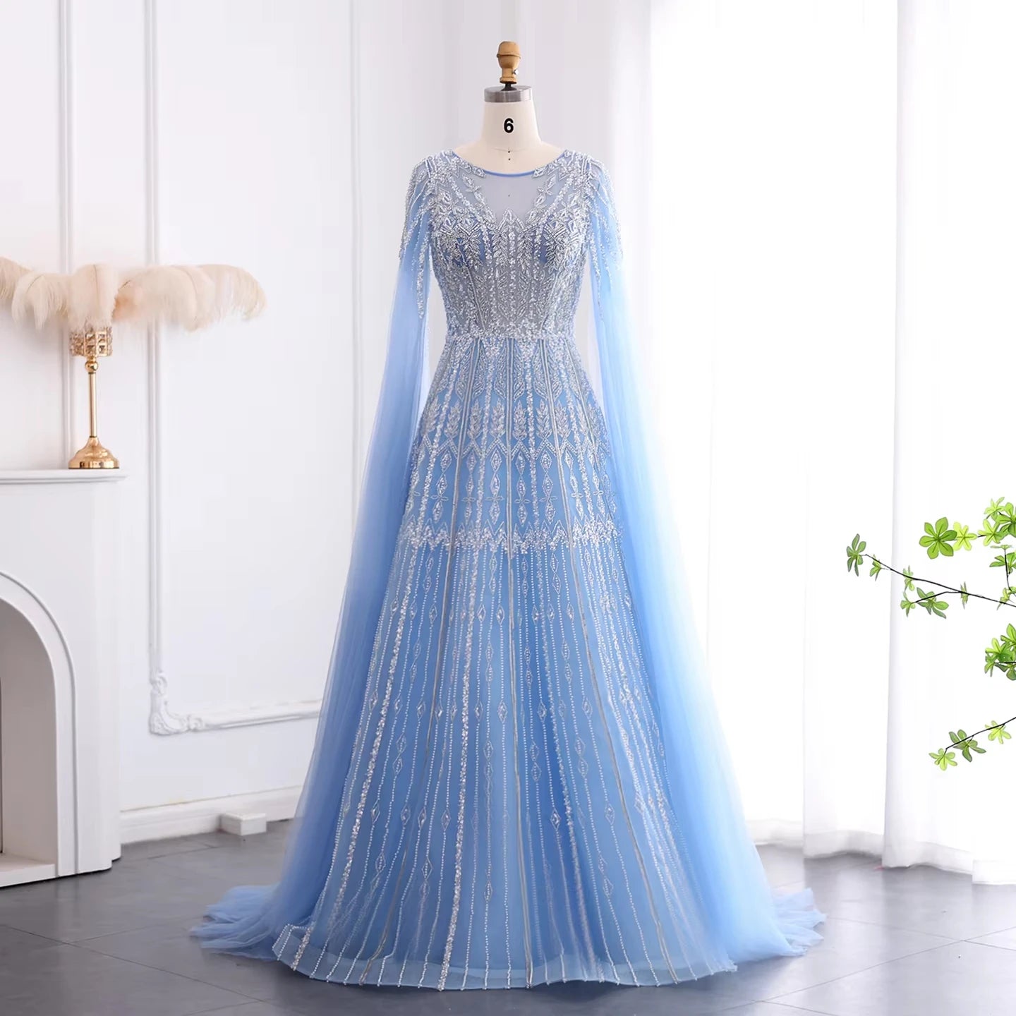 Arabic Blue Luxury Dubai Evening Dress With Cape Sleeves Brown Pink Plus Size Women Wedding Formal Party Gowns LSZ001