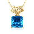 Women Square Large Square Crystal Gemstone Pendant Blue Topaz Stone Necklace 925 Sterling Silver 18k Gold