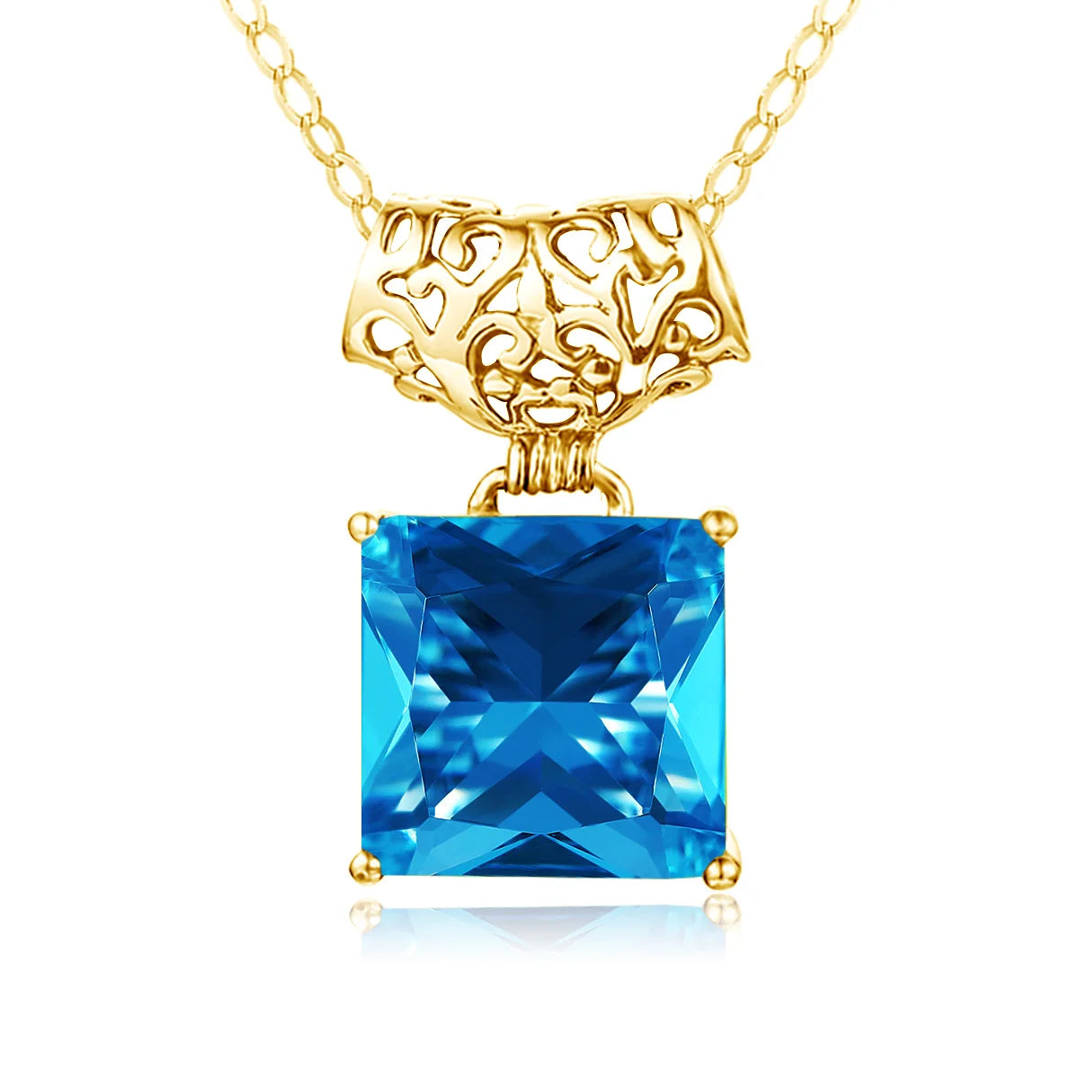 Women Square Large Square Crystal Gemstone Pendant Blue Topaz Stone Necklace 925 Sterling Silver 18k Gold