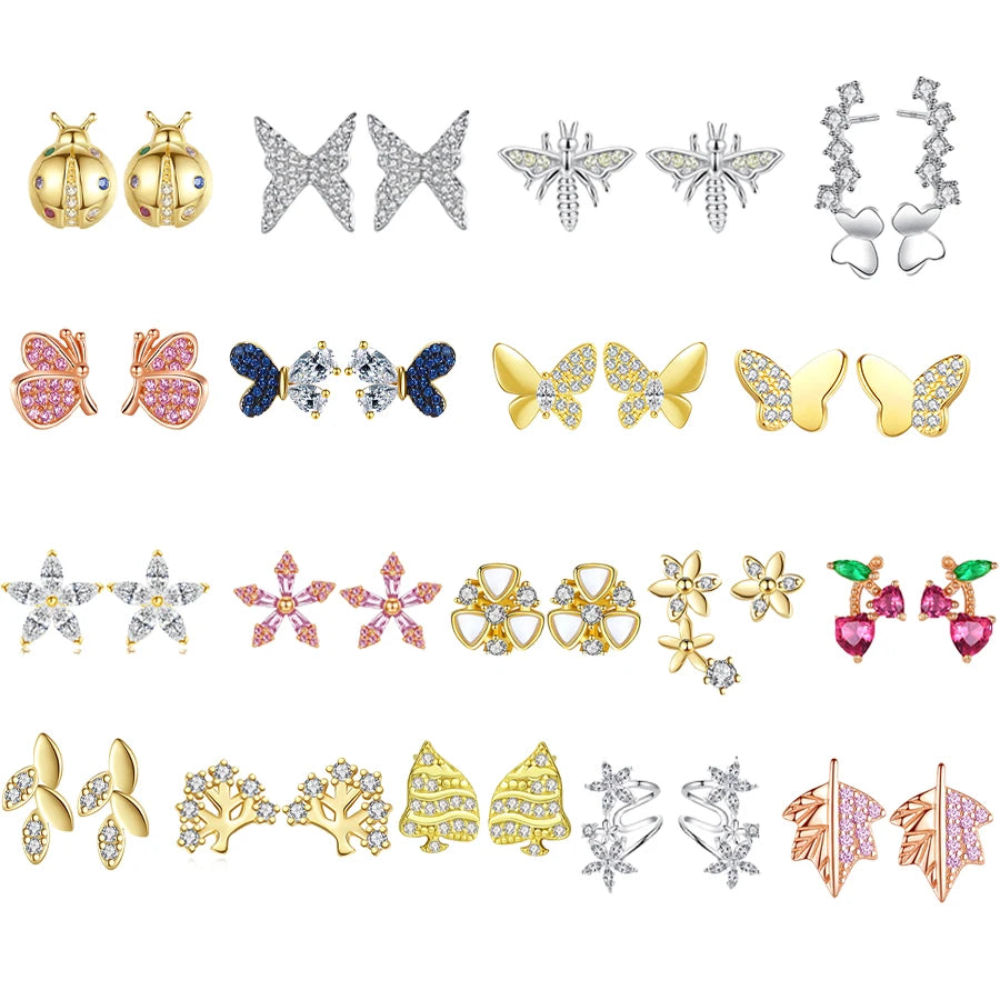 Cute Small Animal butterfly Earrings 925 Sterling Silver Gold Plated Bee Ladybird Flower Tree Stud Earrings