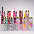 Wholesale 16oz Tumbler Trend Flower Double Wall Acrylic Tea Coffee Skinny Plastic Tumbler Cups in Bulk With Lid and Straw