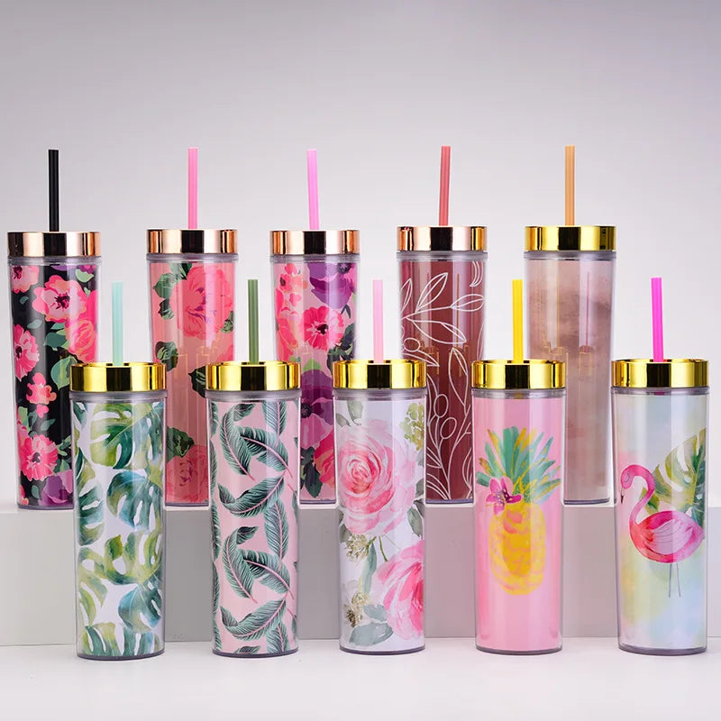 Wholesale 16oz Tumbler Trend Flower Double Wall Acrylic Tea Coffee Skinny Plastic Tumbler Cups in Bulk With Lid and Straw