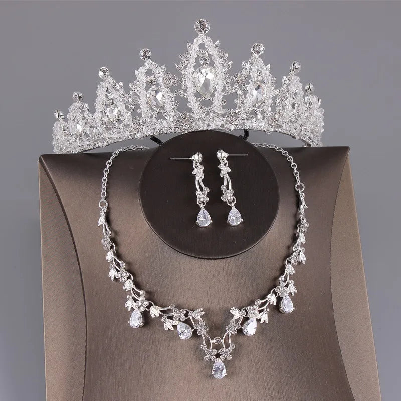 Korean Boxed Full Beaded Bridal Wedding Crown Necklace Earring Headdress Set Girl White Rhinestone Alloy Hair Accessories