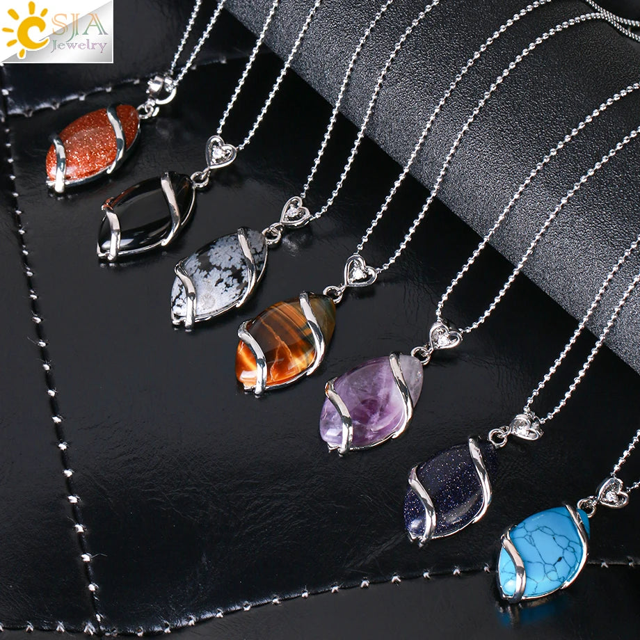 CSJA Natural Stone Quartz Crystal Necklace & Pendant for Women Healing Stones Pendants Shape Beads Amethysts Necklaces Men F563