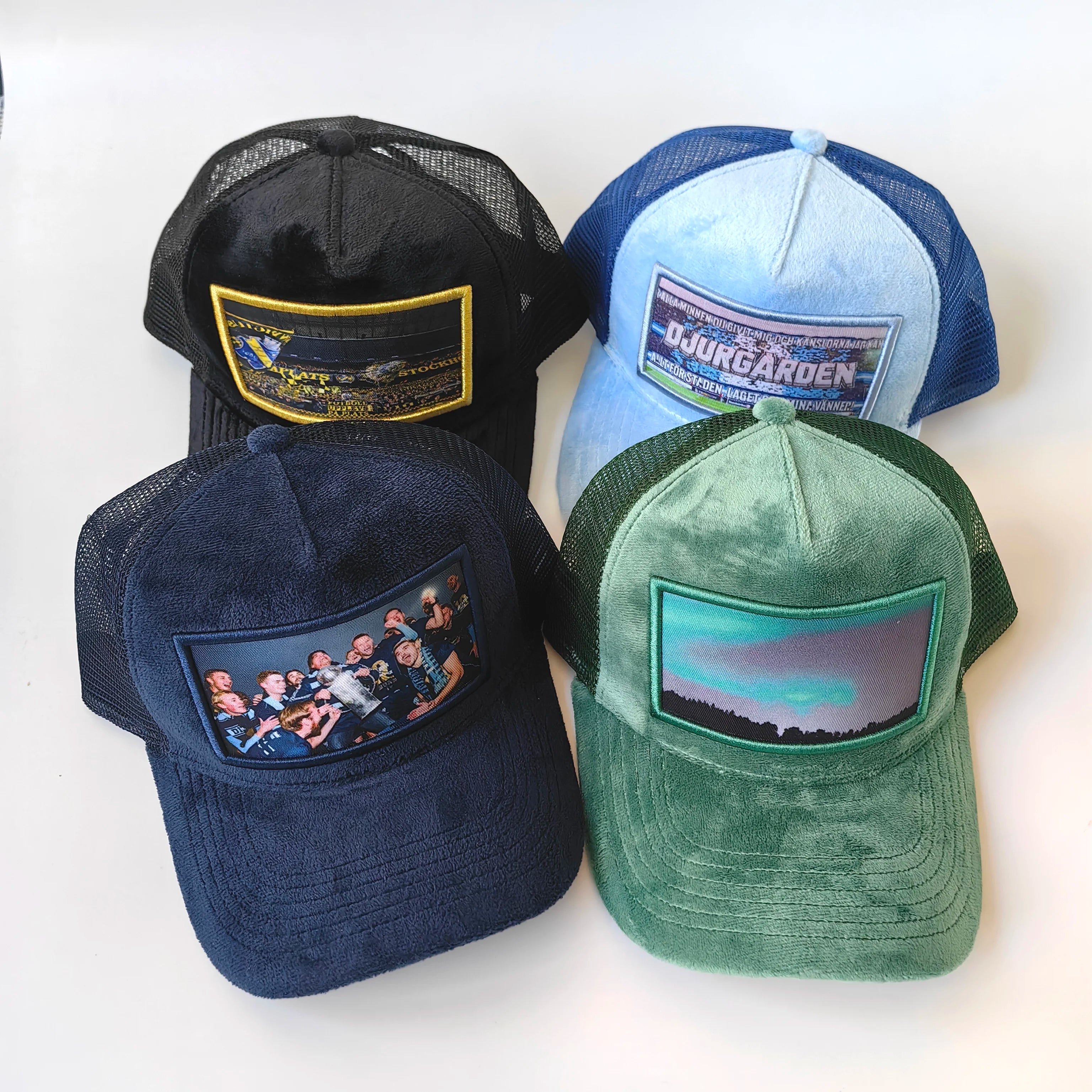 Sweden 2024 Custom Puff Printing 3D Embroidery Logo Fuzzy Velvet Breathable Waterproof Outdoor Fashion 5 Panel Mesh Trucker Hat